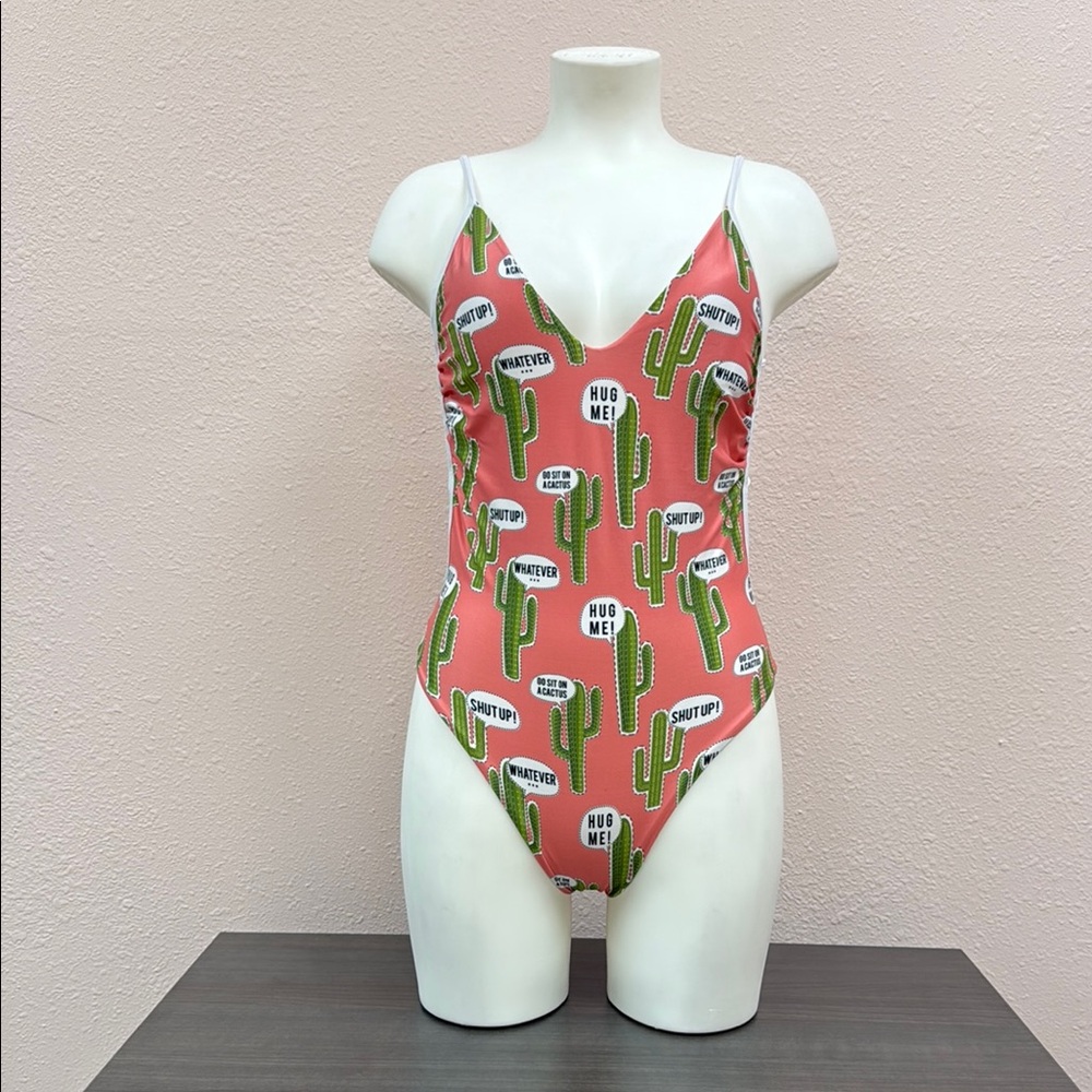 Cactus Print Women's One Piece Swimsuit - Pink - Picture 3 of 5